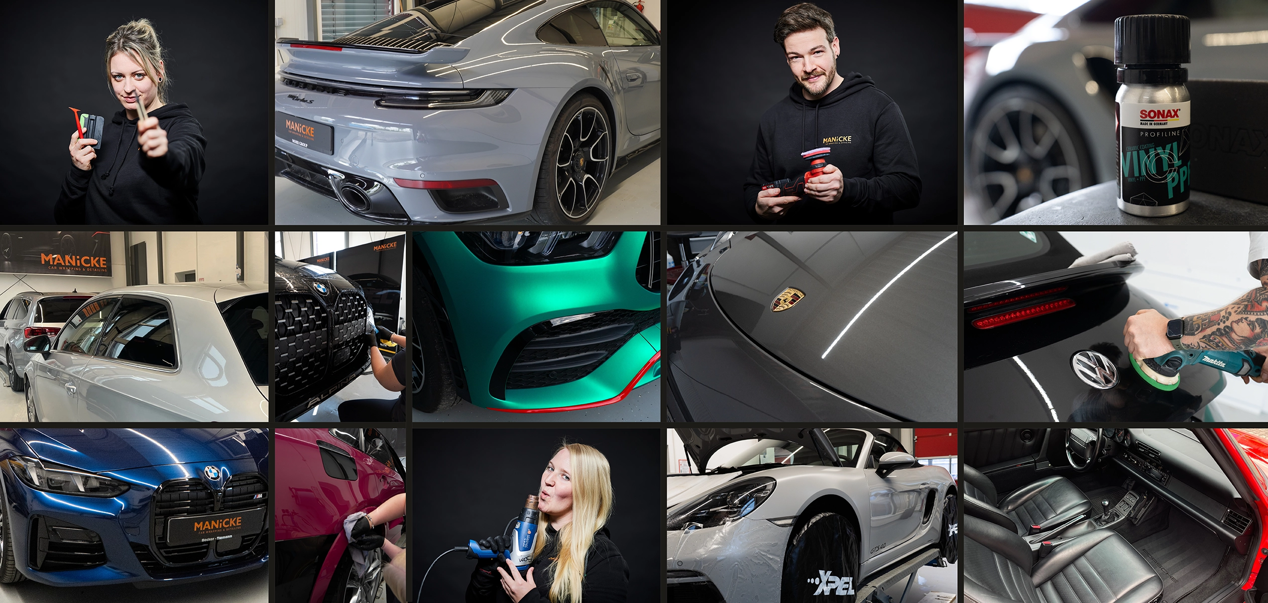 header_01_start_cw Fotocollage mit Abbildungen zu den Themen Lackschutzfolie (ppf), Carwrapping und Keramikversiegelung